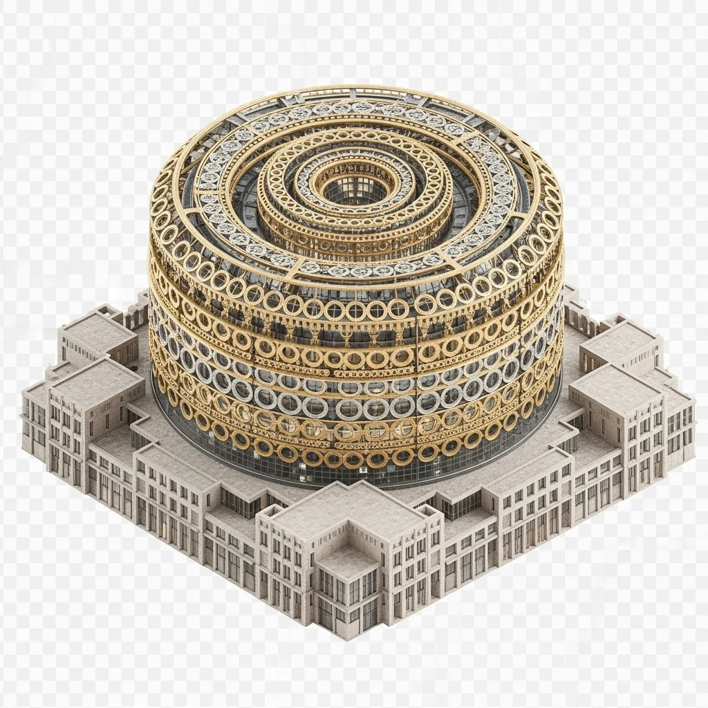 Isometric photorealistic illustration of Birmingham library highly detailed in semi-realistic, 3D miniature effect, transparent background. emoji