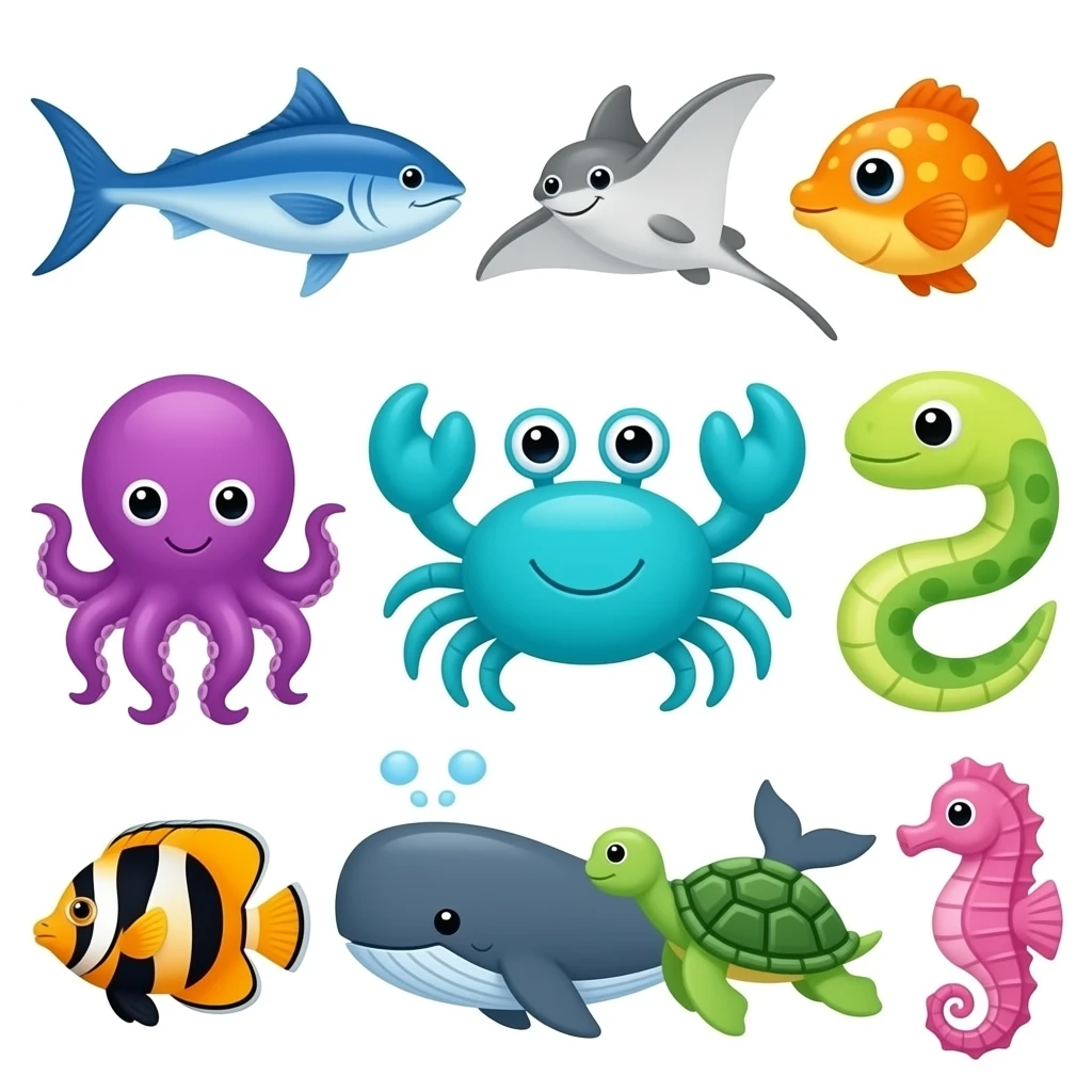 Look it all the ocean animals inside the barn: Blue swordfish, gray stingray, orange and yellow blowfish, purple octopus, turquoise crab, green eel, yellow jellyfish, orange and black angelfish, gray whale, green sea turtle, and pink seahorse emoji