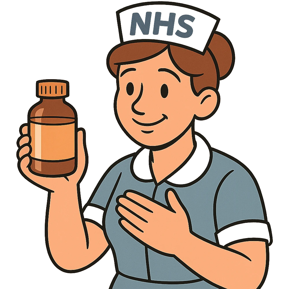 A nurse wearing a nurses hat with the letters NHS written on the hat.  The nurse looks caring and is holding a medicine bottle emoji