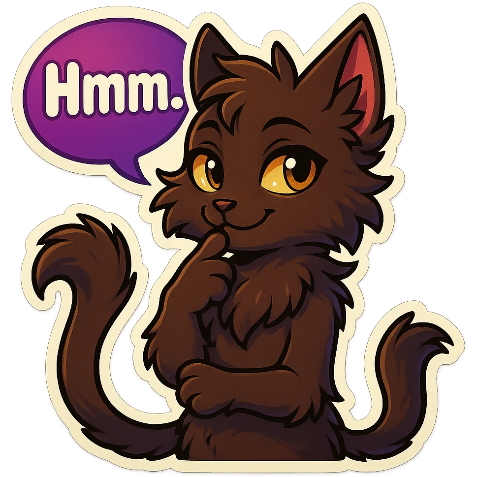 a dark-brown fluffy cute kawaii anthropomorphic furry anime cat-furry with tufted ears, golden eyes, and a long thin tufted tail, thinking, smirking thoughtfully, saying “Hmm..” with a purple speech bubble, (cartoon style) (cute anime style) (furry style) (deviantArt style) (artist style: Kamirah) emoji