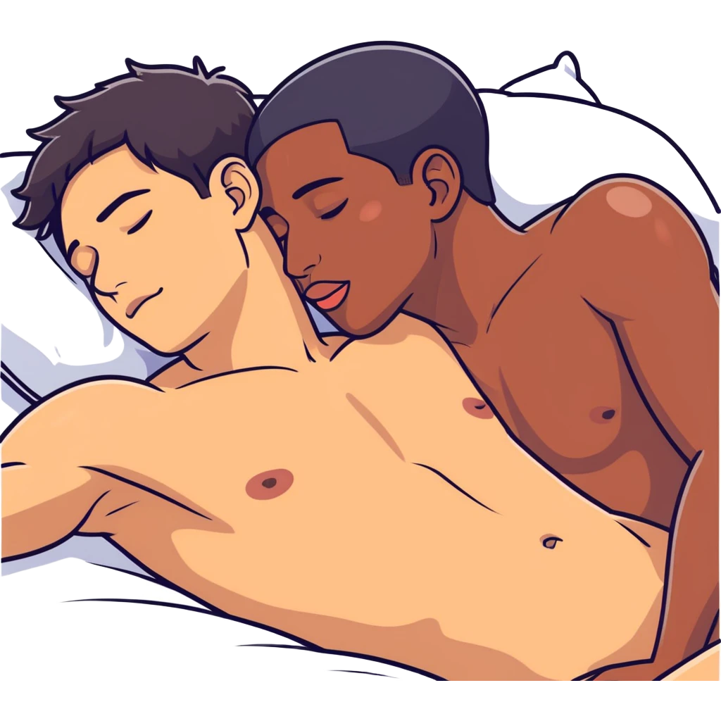 398.67(((White adult male dark hair))) ,(((Dark skin  adult male))), naked, ((( sexual touching genitals))) , intercourse,spooning, kissing eyes closed tongue open mouth ,penis view, erotic rubbing body emoji