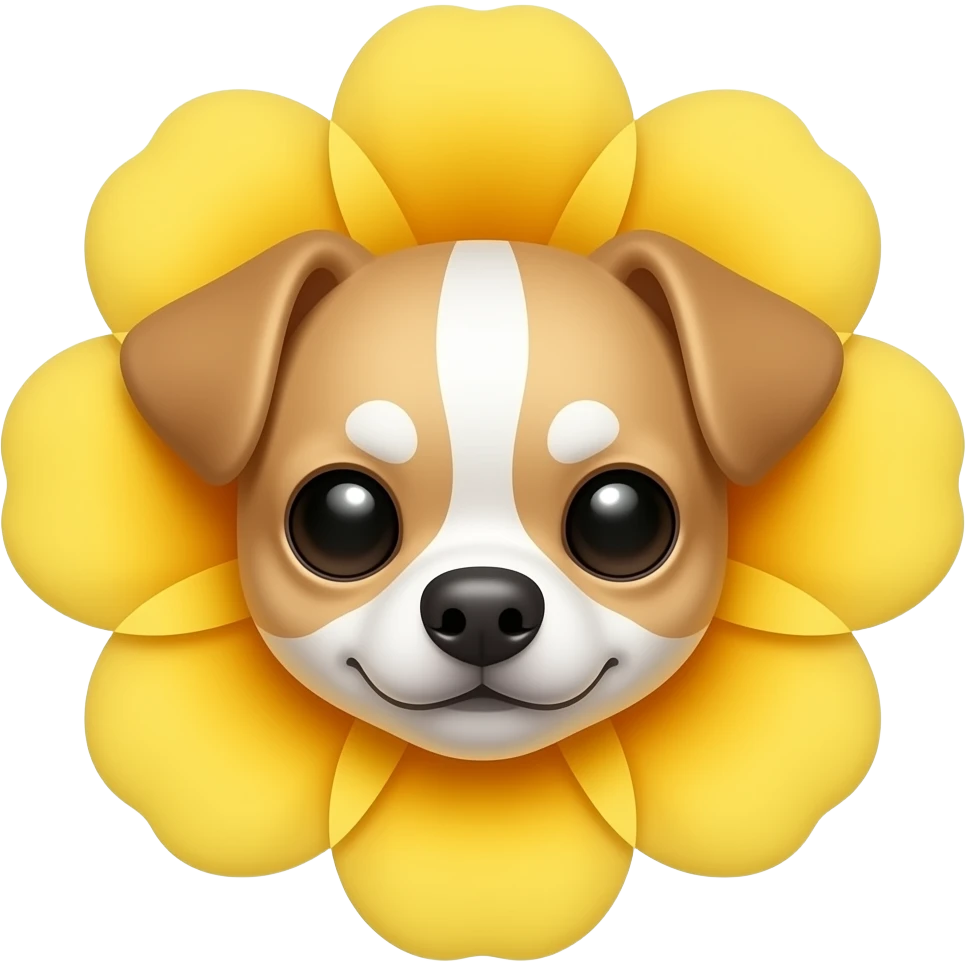 beige light blond and white chihuahua head with one ear half fold with a big yellow flower arround the head emoji