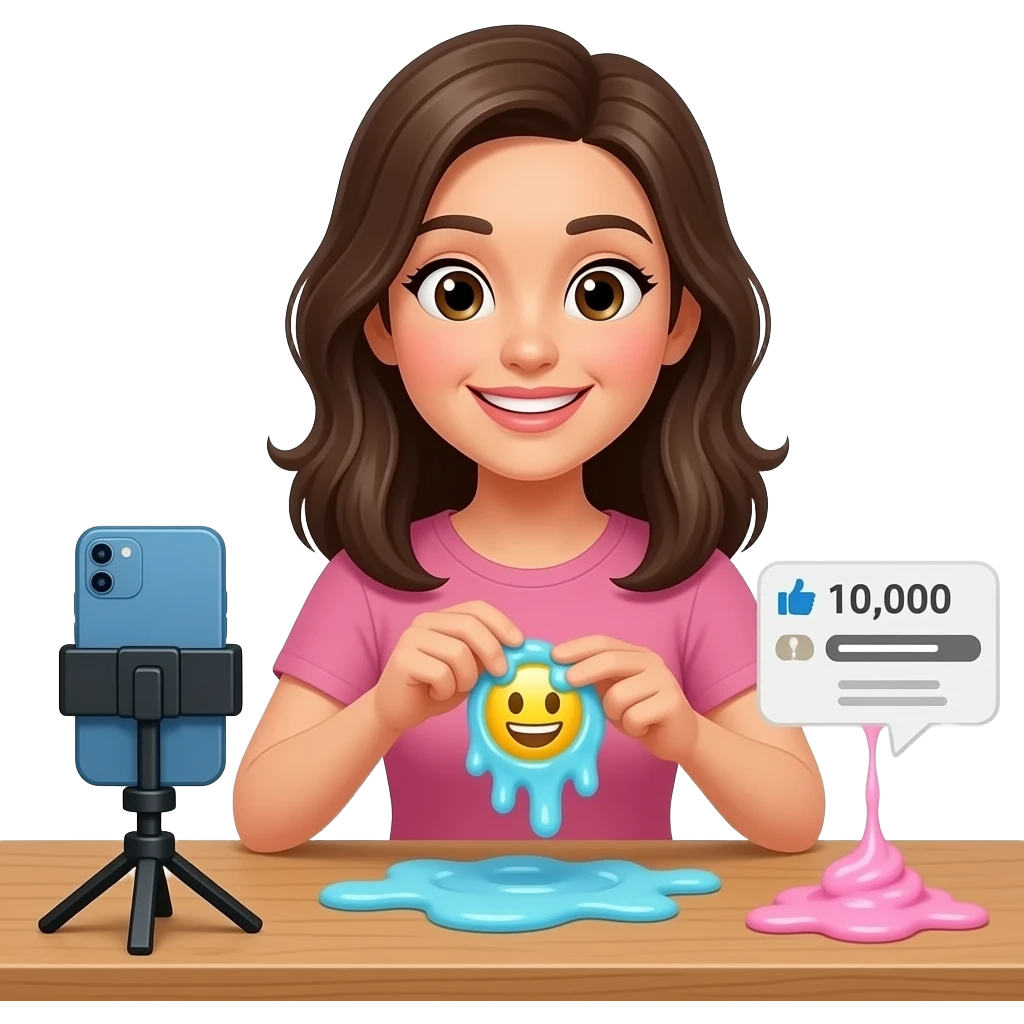 An women is making live about slime the phone is in the table and she gets 10,000 likes and coments and she is playing with taba squishy emoji emoji