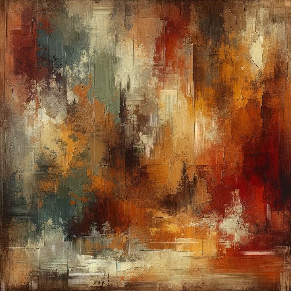 Autumn background with rough textured surface, rustic earthy tones (rust, ochre, chestnut, olive, beige), abstract painterly strokes, grunge style, cozy warm atmosphere emoji