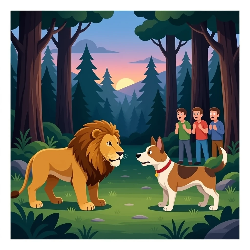 quiero que en publo entre un leon y un perrro por el bosque que sea realista i la gente este asustada emoji