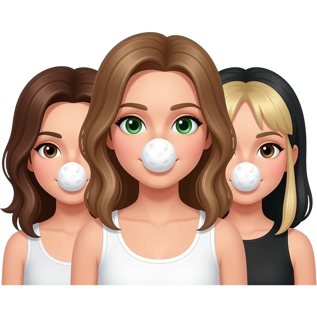 Three girls with white powder boogers sticking out under their nose. One brownish blonde hair and green eyes with white tank top, one brunette hair, and one with brown eyes and black hair and blonde highlights in hair and brown eyes emoji