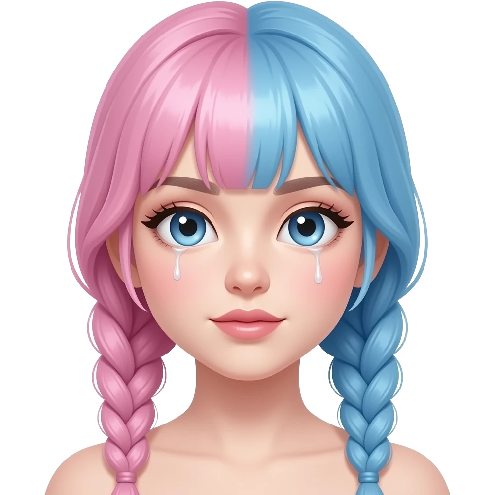 cute pastel pink and blue split hair with braids, big shiny eyes, soft face, slightly seductive expression, confident gaze, soft blush, bubblegum aesthetic, dripping effect, modern aesthetic girl, not childlike, more mature cute, smooth shading, sticker style, pastel colors, transparent background emoji
