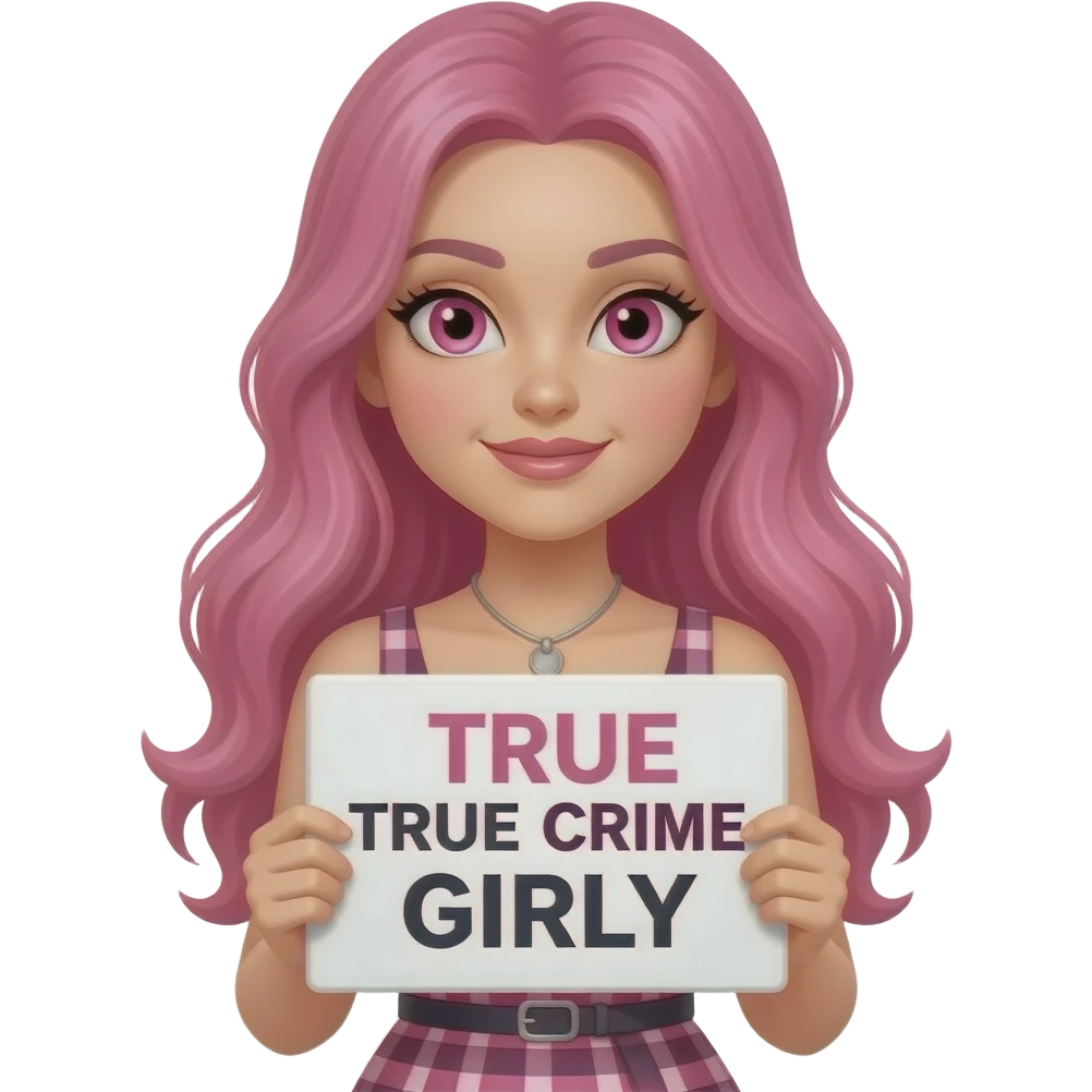 sexy girl with long pink hair and pink eyes wearing a dress holding a TRUE CRIME GIRLY sign emoji