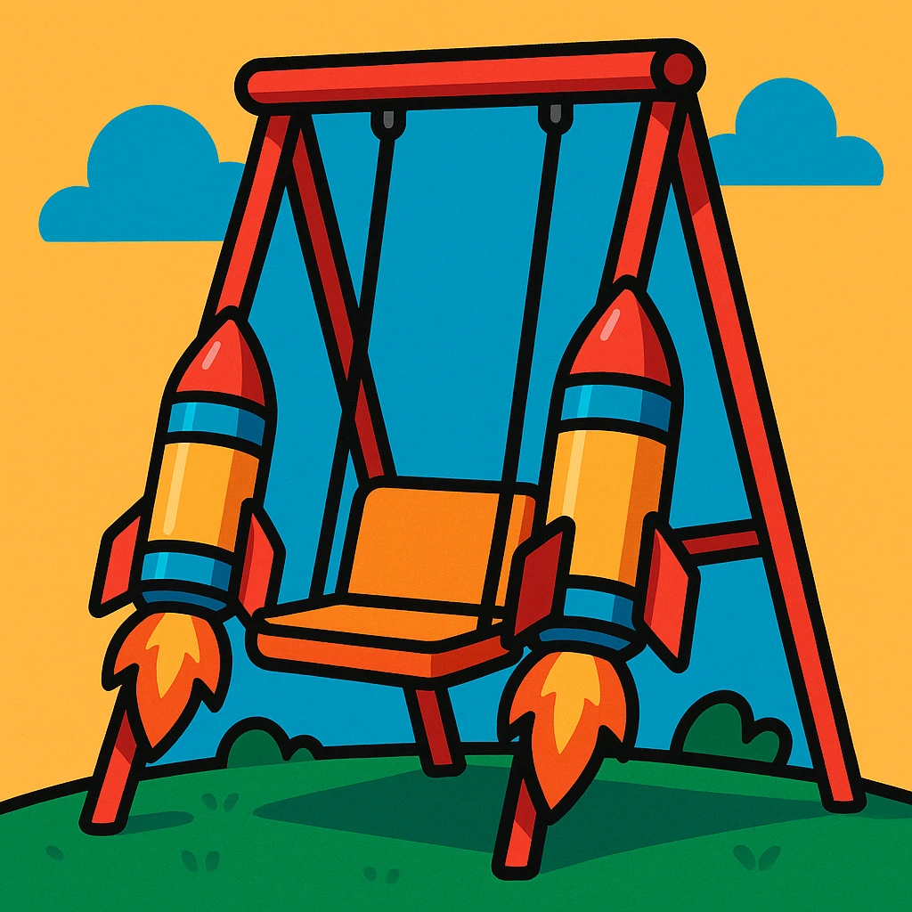 a swing with rockets attached to the side of the seat, playful and imaginative, vibrant toon style emoji