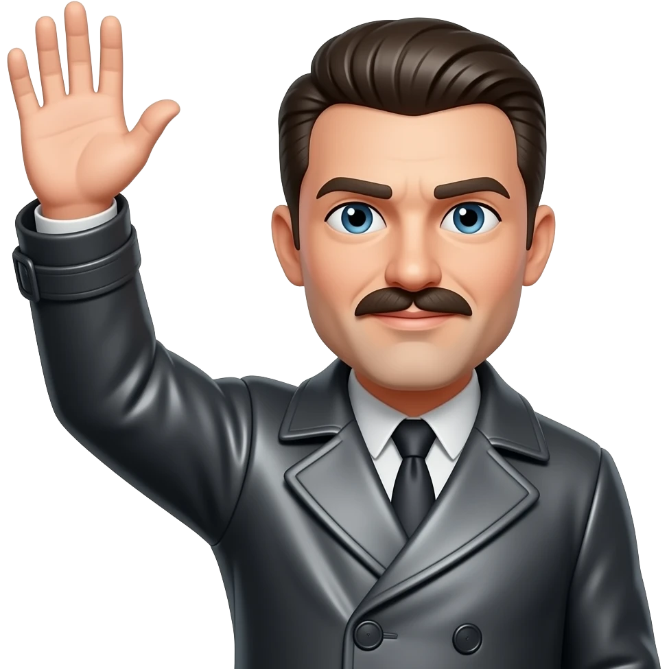 White male with slick hair a square moustache with a grey leather coat raising his hand high emoji