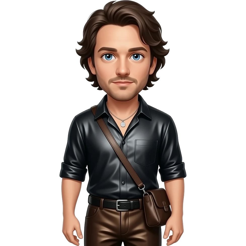 Ethan Hawke with blue eyes, dark brown hair, black metallic shirt, dark brown metallic baggy pants, silver necklace emoji