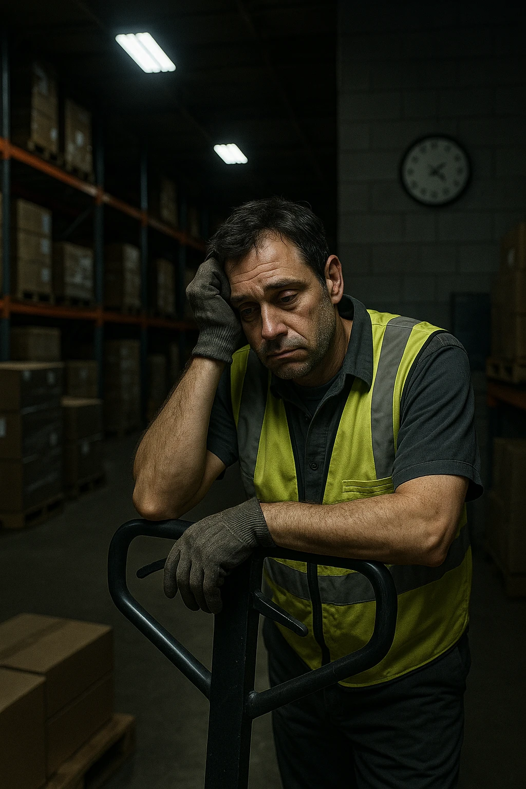 a tired warehouse worker in his 40s, wearing a reflective vest and work gloves, stands under harsh fluorescent lights in a large, dimly lit warehouse. He leans on a pallet jack, eyes heavy with fatigue and dark circles under them. Stacks of boxes and shelves loom in the background, and a wall clock shows it’s the middle of the night. The mood is somber and empathetic. emoji