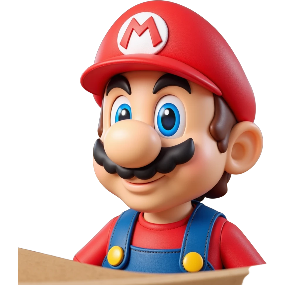 a worker in factoryA 3D-rendered head of a character inspired by Super Mario, facing slightly from front-left to right. The head should include his signature red cap with an ‘M’, large round nose, thick mustach emoji