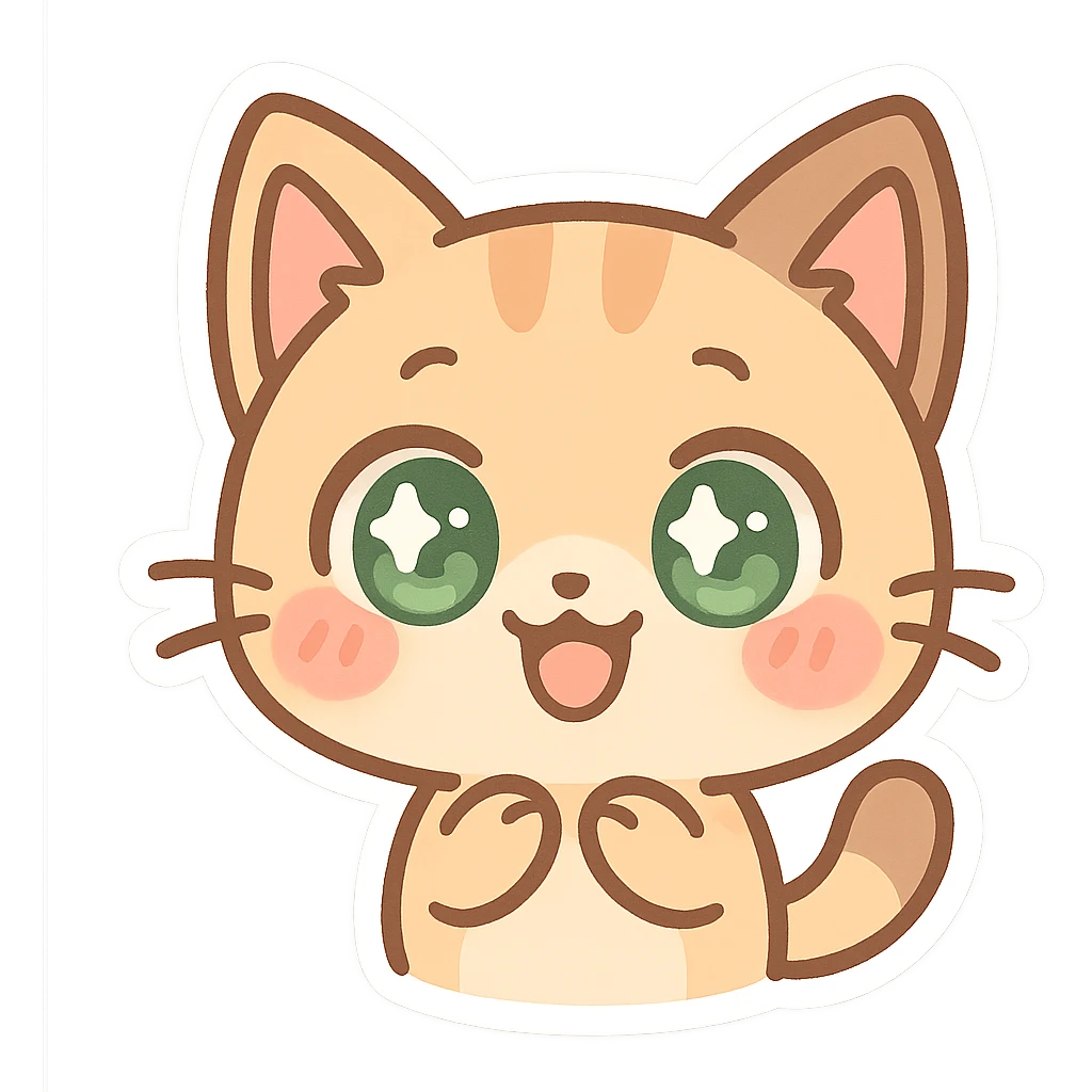 kawaii chibi-style cat emoji with pastel orange and brown cream fur, anime-style happy expression, sparkly green eyes, blushing cheeks, pastel color palette, soft rounded design, vector art emoji