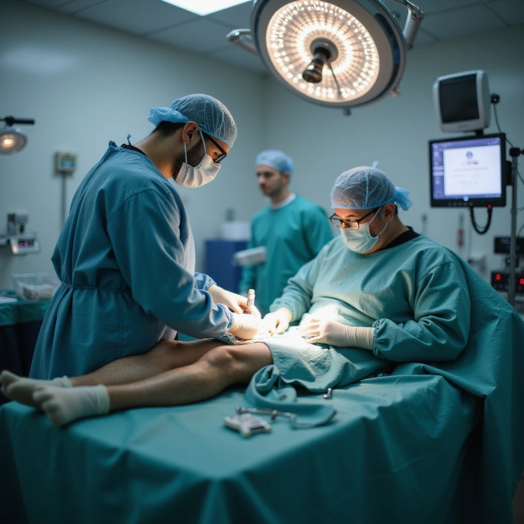 modern operating room: surgeon in gown and gloves performing knee surgery on a man, surgical monitor and instruments visible, sterile atmosphere, realistic details, 4K quality emoji