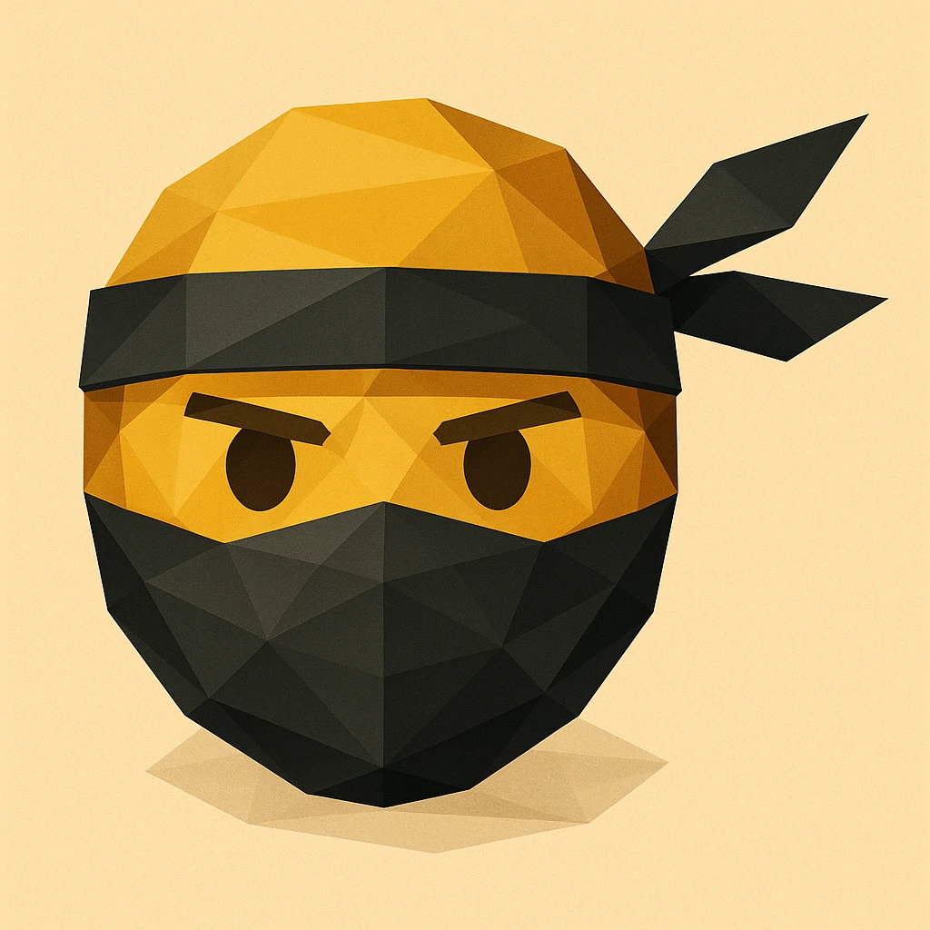 ninja emoji, masked face, headband with long tails, low-poly geometric shapes, modern look, polygonal icon style emoji