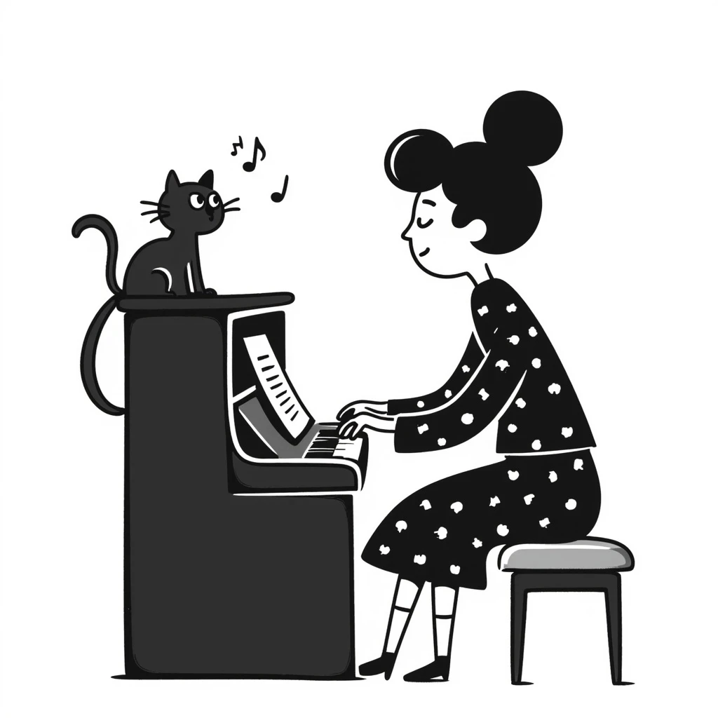 woman playing piano while her cat sits on top of the piano emoji