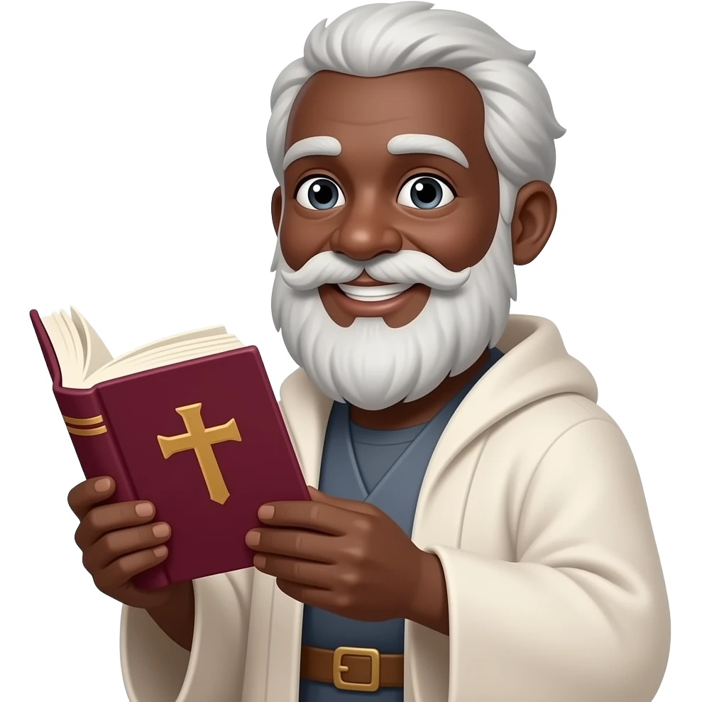 wise old man with greying white hair white beard robe black skin smile with burgundy book that has a cross on it no circle emoji