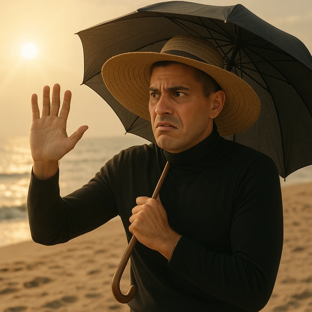 Create a symbolic 4k realistic scene on a beach, showing a man with a large hat and umbrella blocking the sunlight, with a worried and defensive expression. The sunlight is natural and warm. Use muted colors and expressive body language, symbolizing confusion about sunlight and health. Use the reference image for facial features and general appearance. emoji