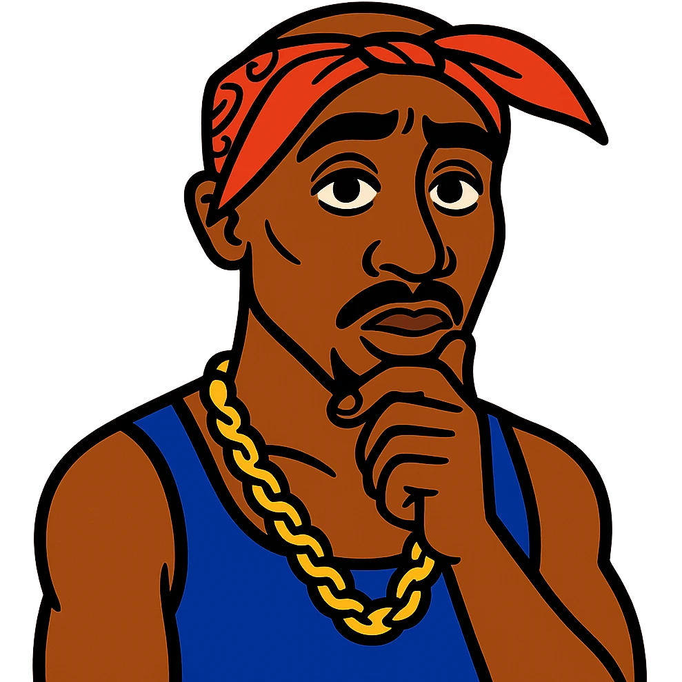 Tupac with one hand on chin, stylized cartoon, bandana, gold chain, thoughtful pose emoji