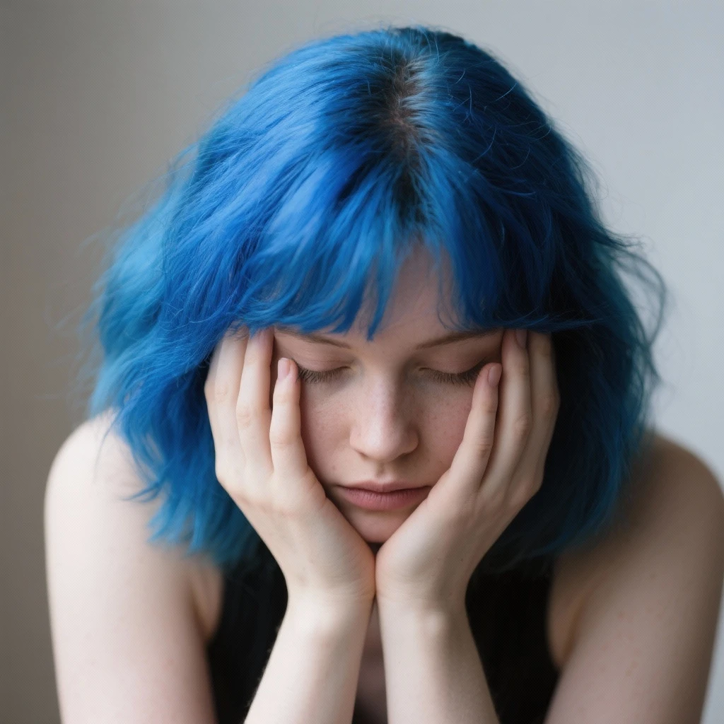 Woman with blue hair with her head in her hands emoji