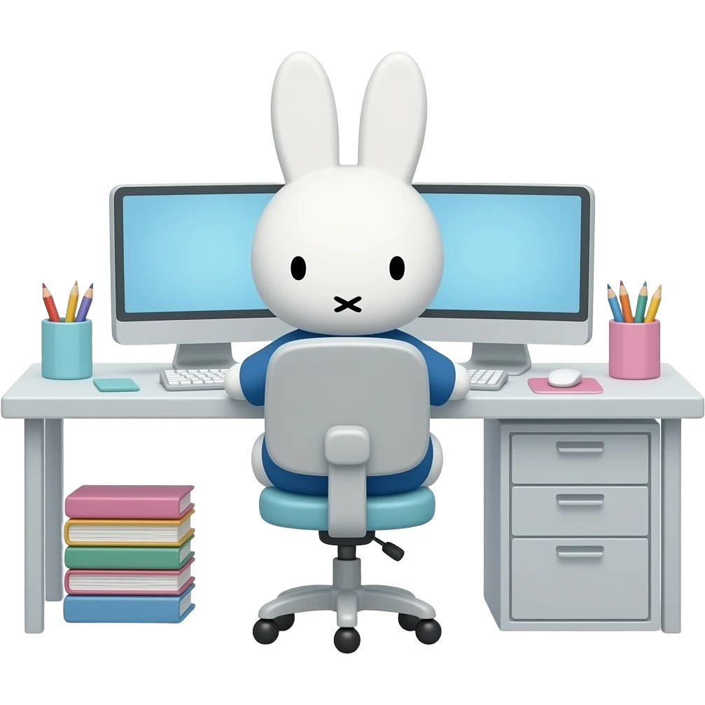 Aesthetic pastel MIFFY working on double monitor computers emoji