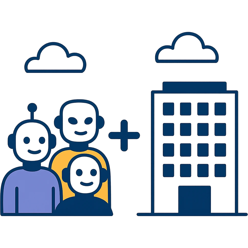 flat simple icon showing a team of robots and a stylized company headquarters, with a plus sign to indicate a new organization, all in Slack's color palette, designed for a B2B SaaS LLM evaluation workspace emoji