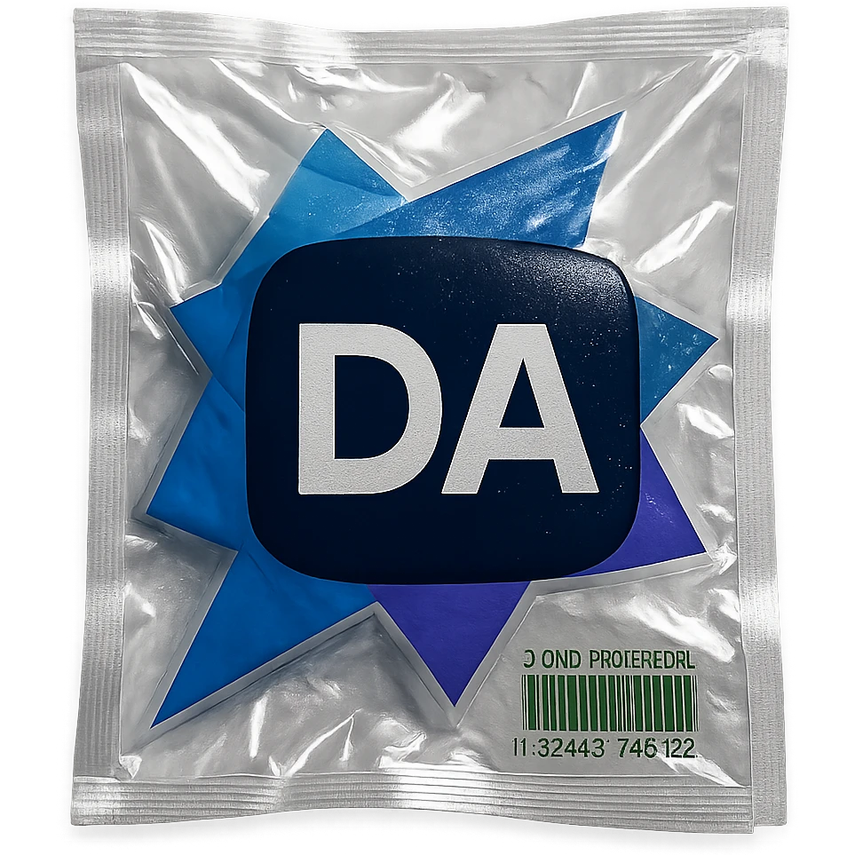 Generate the Vacuum Sealed version of this logo :

Logo Description:
Foreground Element (Main Icon):

A dark navy blue rounded rectangle (almost pill-shaped but more rectangular) sits in the center.

Inside the rectangle are the uppercase white letters "DA" centered both vertically and horizontally.

Font is bold, sans-serif, with clean and modern lines.

Background Elements (Geometric Shapes):

The background consists of five overlapping triangles, all pointing in different directions.

These triangles vary in size and shades of blue:

Top left: A small upward-pointing triangle in medium blue.

Bottom left: A small downward-pointing triangle in vibrant purple.

Center left: A large leftward-pointing triangle in light blue, partially overlapped by the navy rectangle.

Top right: A large upward-pointing triangle in dark blue.

Bottom right: A medium rightward-pointing triangle in purple.

Layout and Composition:

The triangles are arranged to form a dynamic, abstract background behind the central “DA” rectangle.

The triangles overlap slightly and create a layered, modern appearance.

The overall look is geometric, professional, and tech-oriented.

Color Palette (Hex approximations):

Navy blue (rectangle): #0D1B4C

White (text): #FFFFFF

Light blue triangle: #4285F4

Dark blue triangle: #2A2FCF

Purple triangle: #7E52FF

 emoji