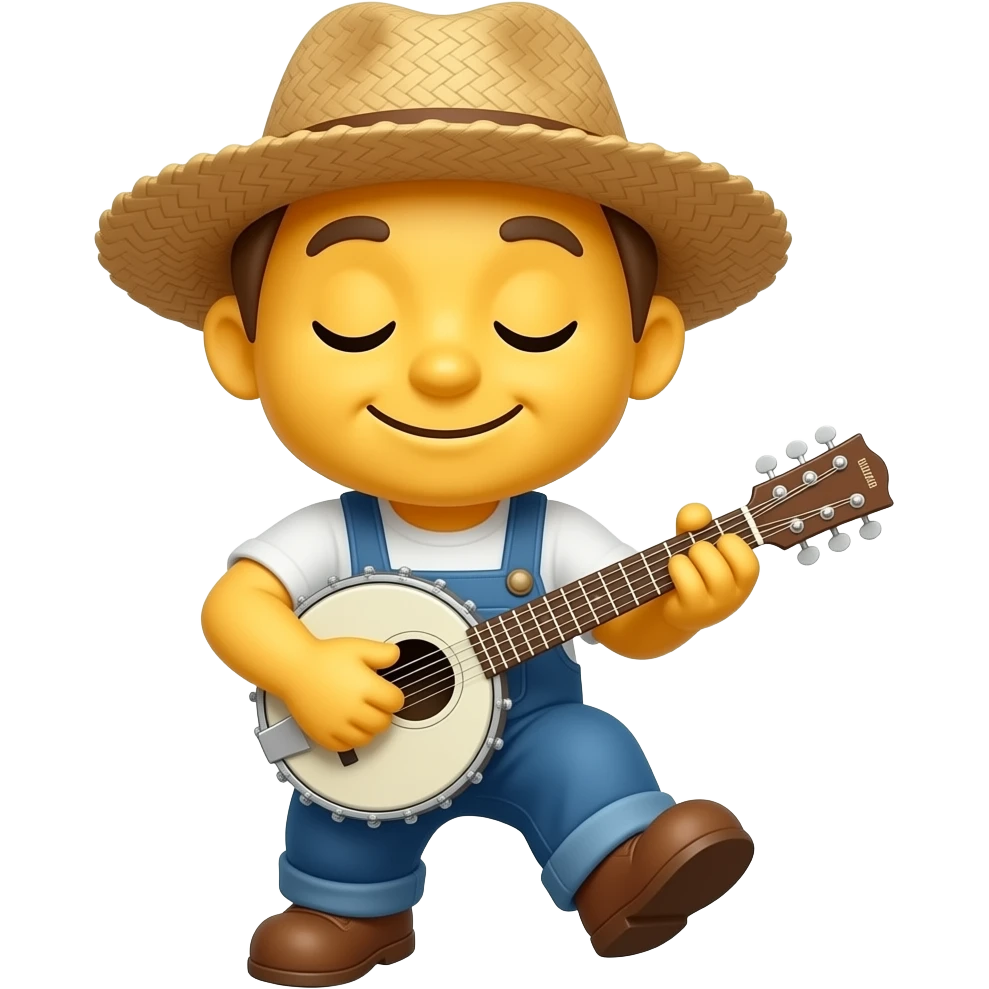 Little mini yellow emoji smiling, wearing straw hat playing banjo stomping his foot, top view, wearing coveralls, eyes closed emoji