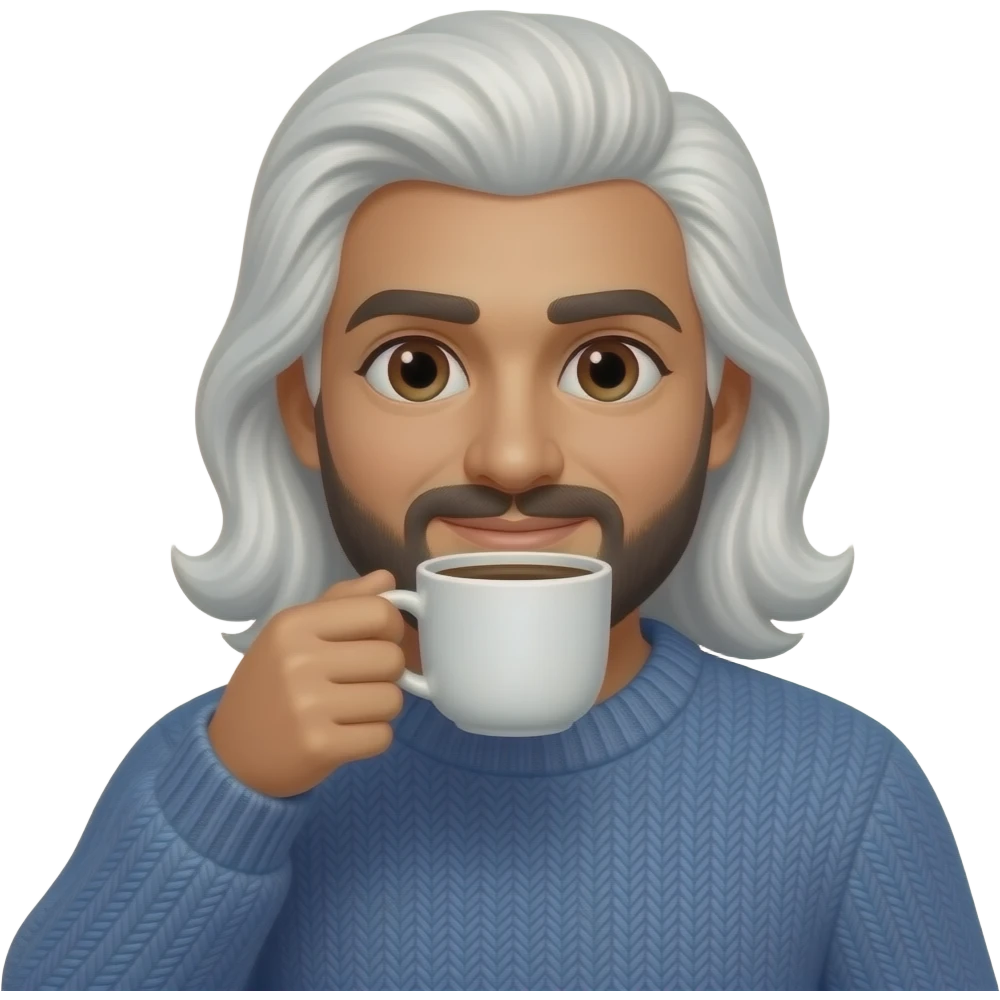 Pakistani guy with long white hair drinking coffee, wearing blue sweater emoji