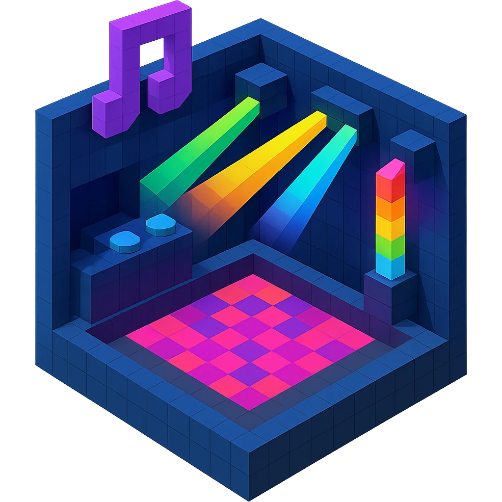 nightclub with dynamic laser lights, a dance floor, and a futuristic vibe emoji