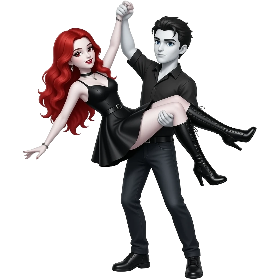 Vampiro femmina ADOLESCENTE con pelle bianca e capelli rosso ondulati lunghi che indossa un vestito corto nero e degli stivali lunghi neri con tacco e balla  con il suo fidanzato FIDANZATO con la pelle bianca che la tiene sollevata con le braccia emoji