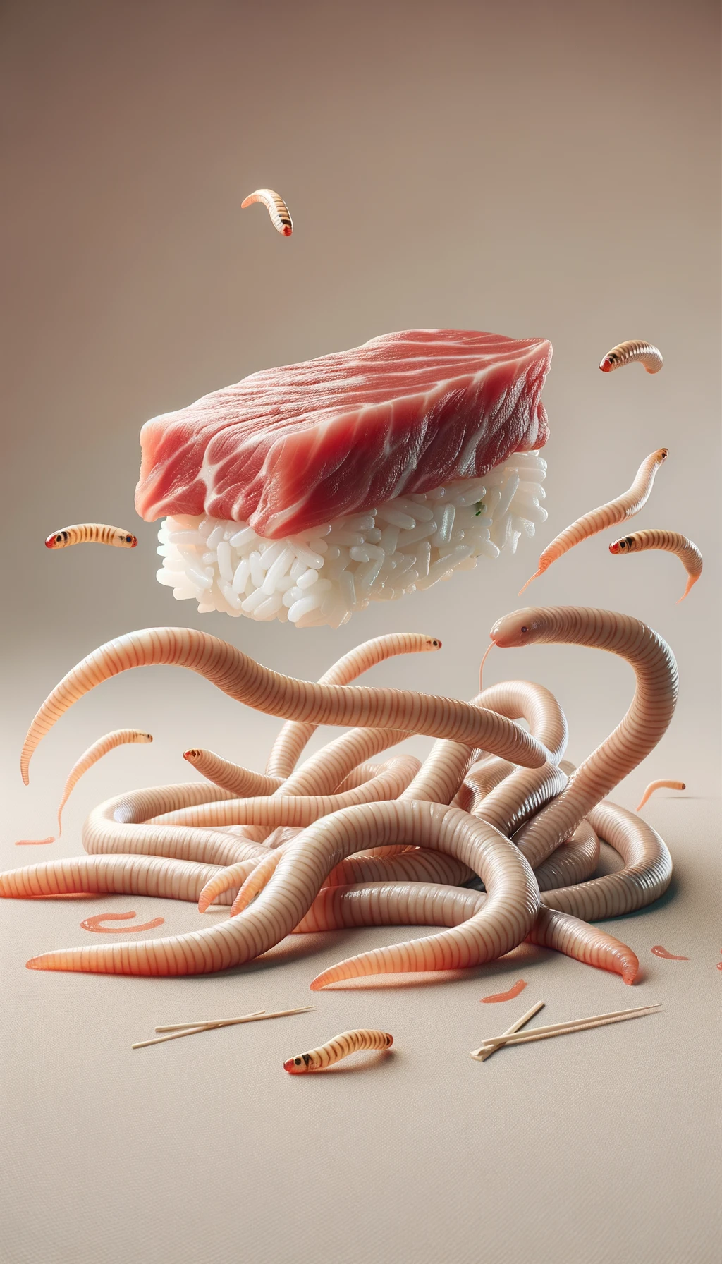 carne cruda fluttua insieme a sushi, intorno a loro fluttuano vermi lunghi e beige chiaro, sfondo neutro chiaro, iperrealistico 4k emoji