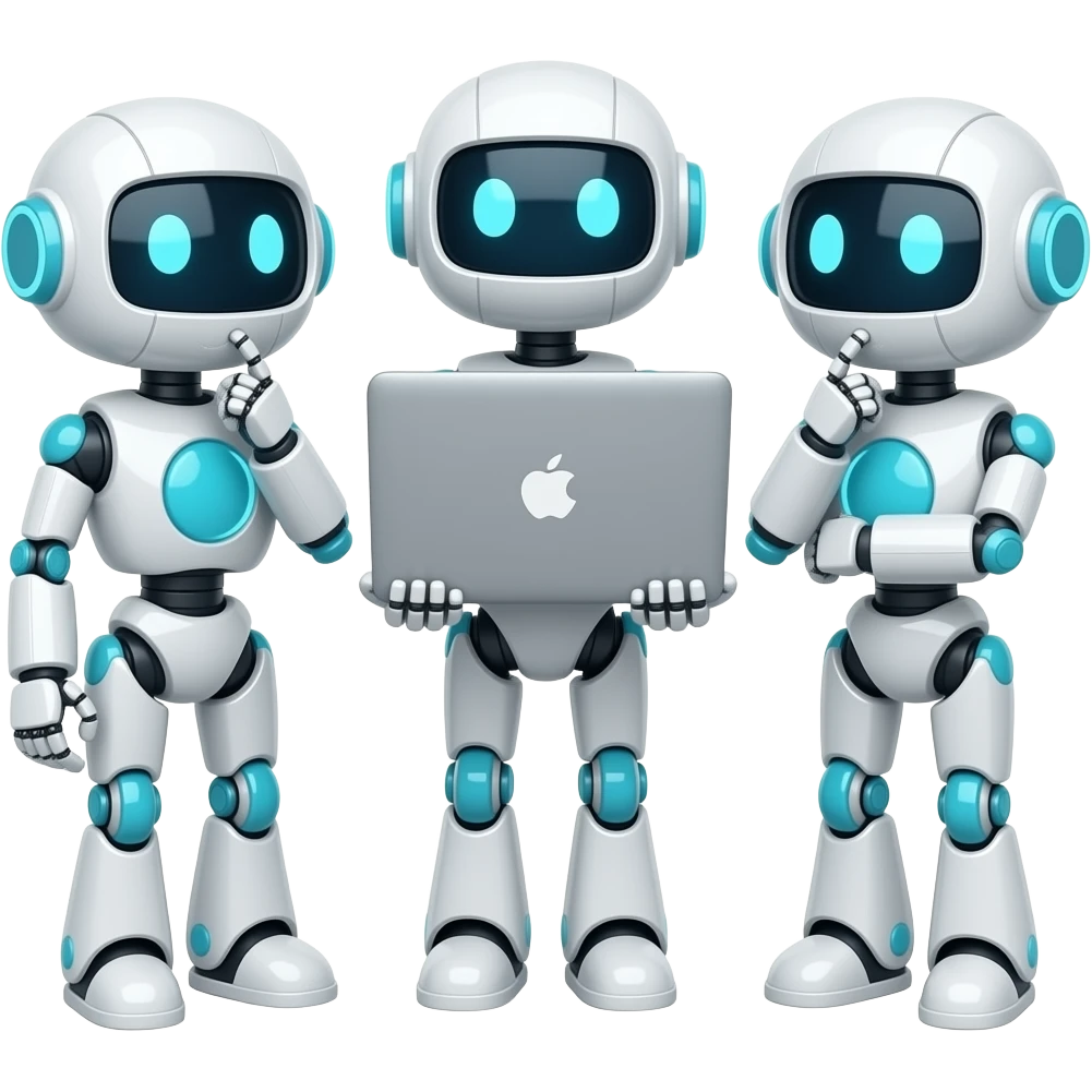 cute 3 robots use 1 mac book -- acting link it look for sth and thinking emoji
