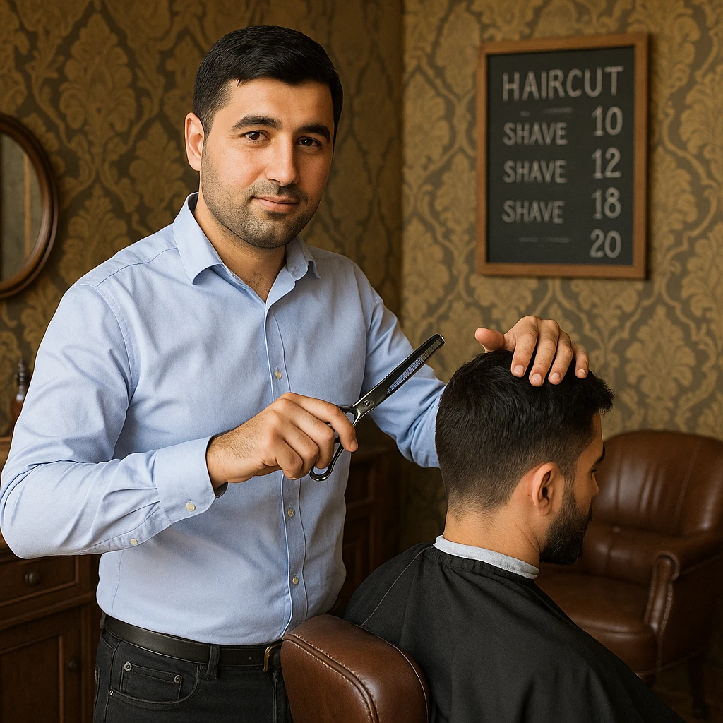Draw me a picture of a barbershop that looks like this guy working in a barbershop. The barbershop doesn't have to be very modern. It should be on a medium floor. Also draw a blackboard on the wall. It should have the prices for haircuts there. emoji