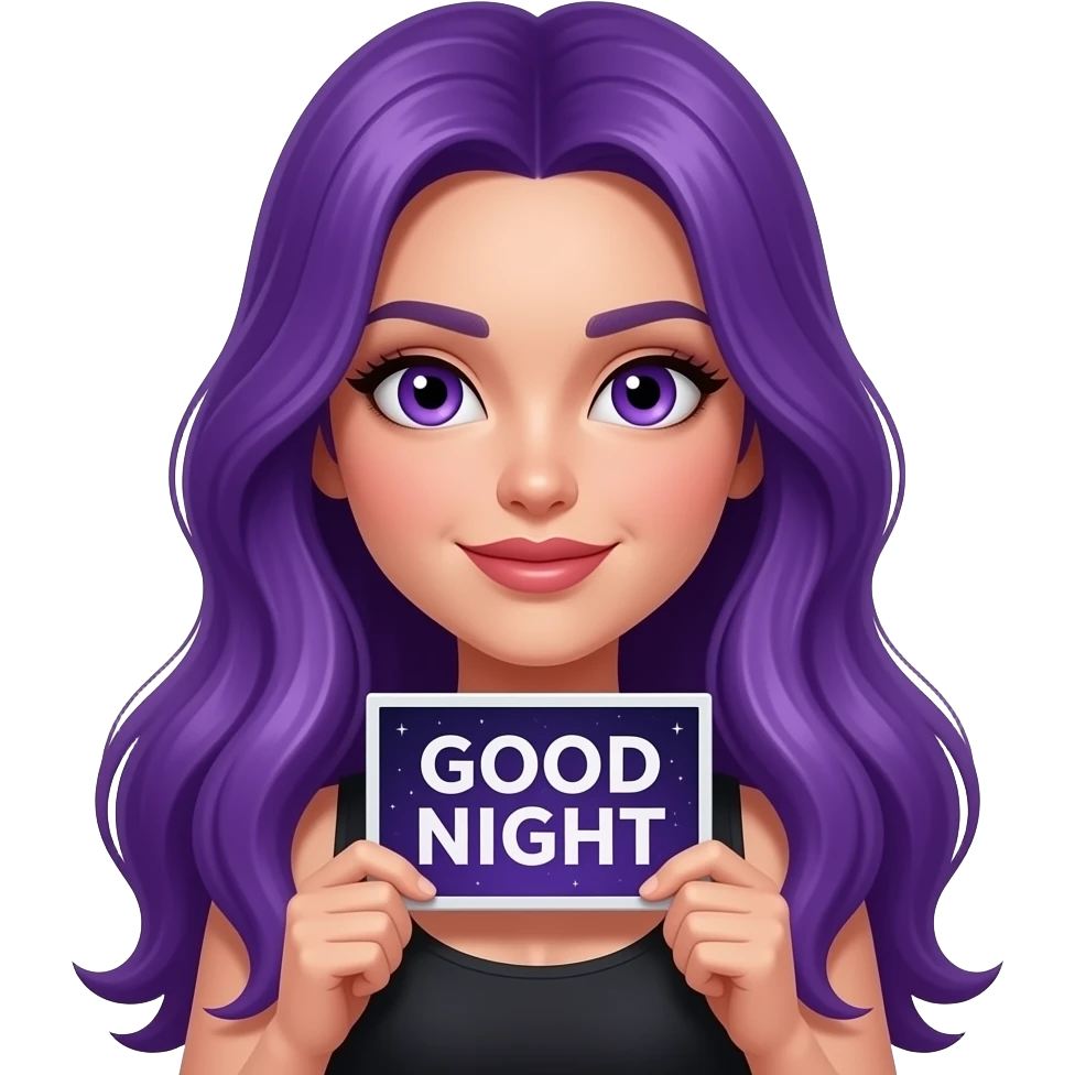 sexy girl with long purple hair and purple eyes holding a GOOD NIGHT sign emoji