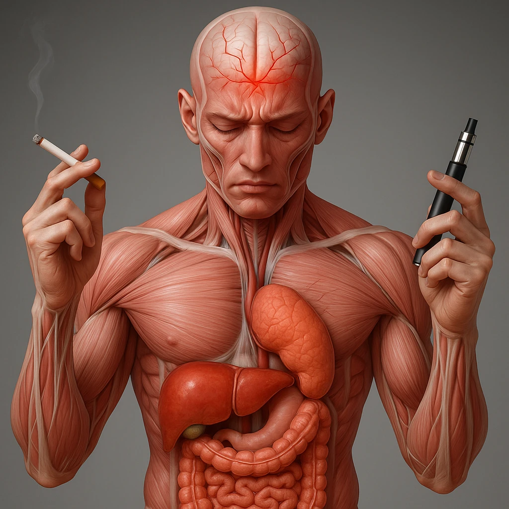 Medical illustration, hyperrealistic 4K, realistic anatomical human body, inflamed liver and intestine highlighted, holding a lit normal cigarette in the right hand and an electronic cigarette in the left hand, clear background, extremely detailed, same lighting and style as the reference image. emoji