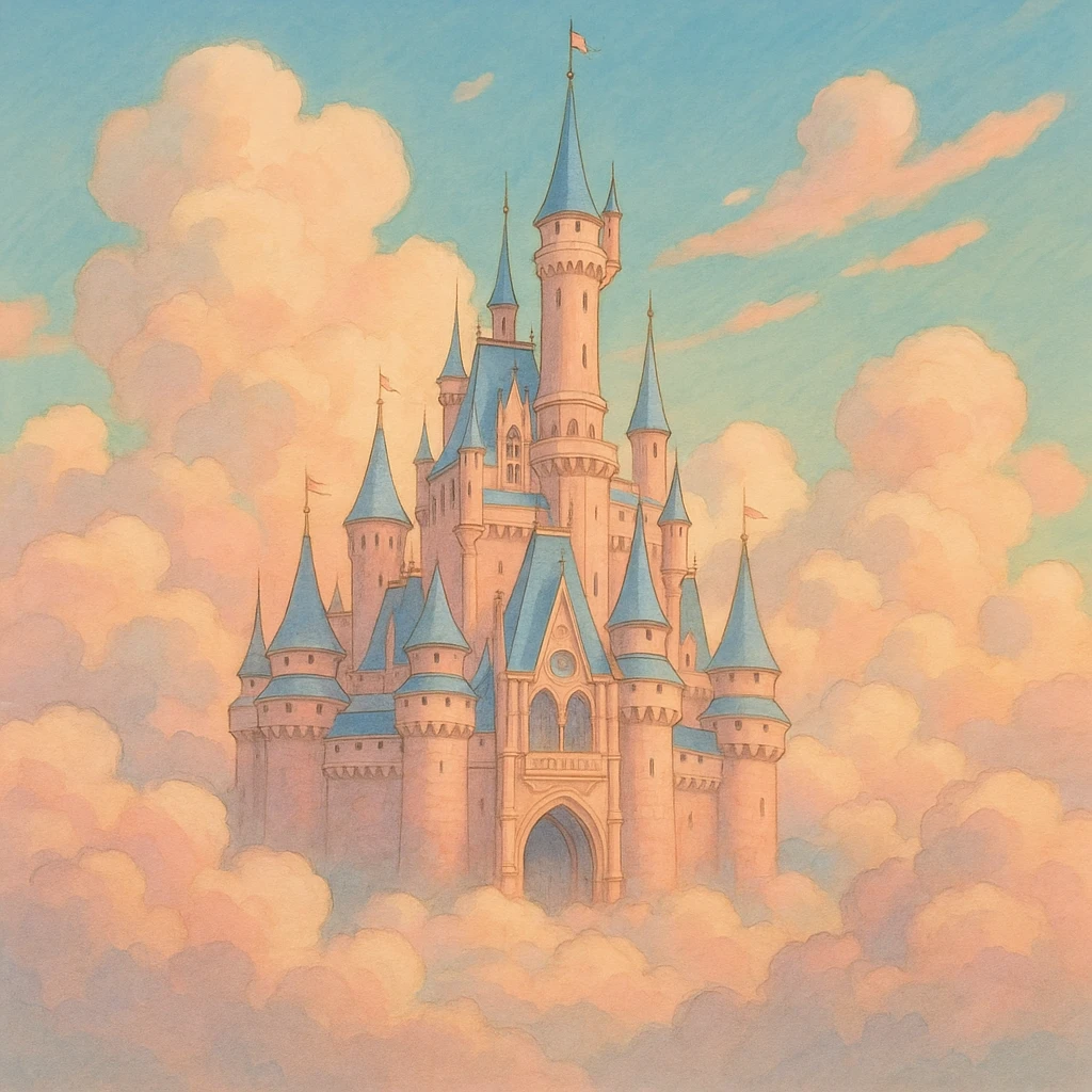 a disney castle, pastel colors, surrounded by clouds, fairytale style emoji