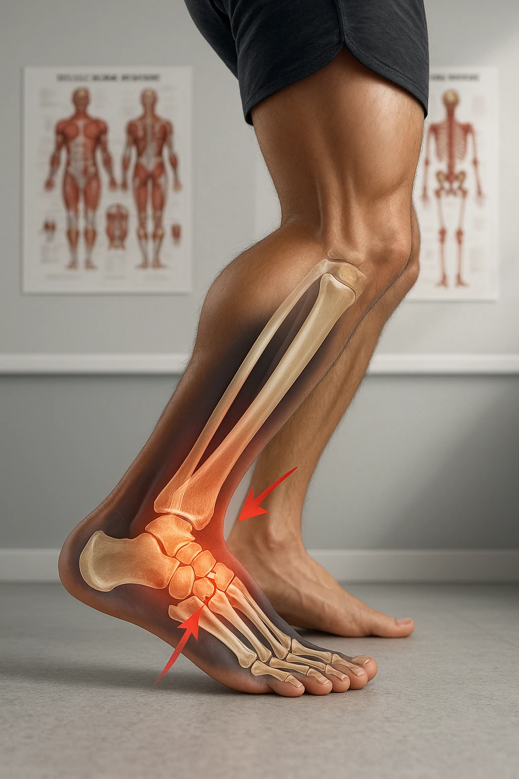Realistic, vertical medical scene: a runner’s foot and lower leg are shown in profile, with a transparent overlay revealing a small stress fracture in the metatarsal bone. Red highlights and arrows indicate the area of pain and injury. The setting is a medical exam room, with anatomical charts in the background. emoji
