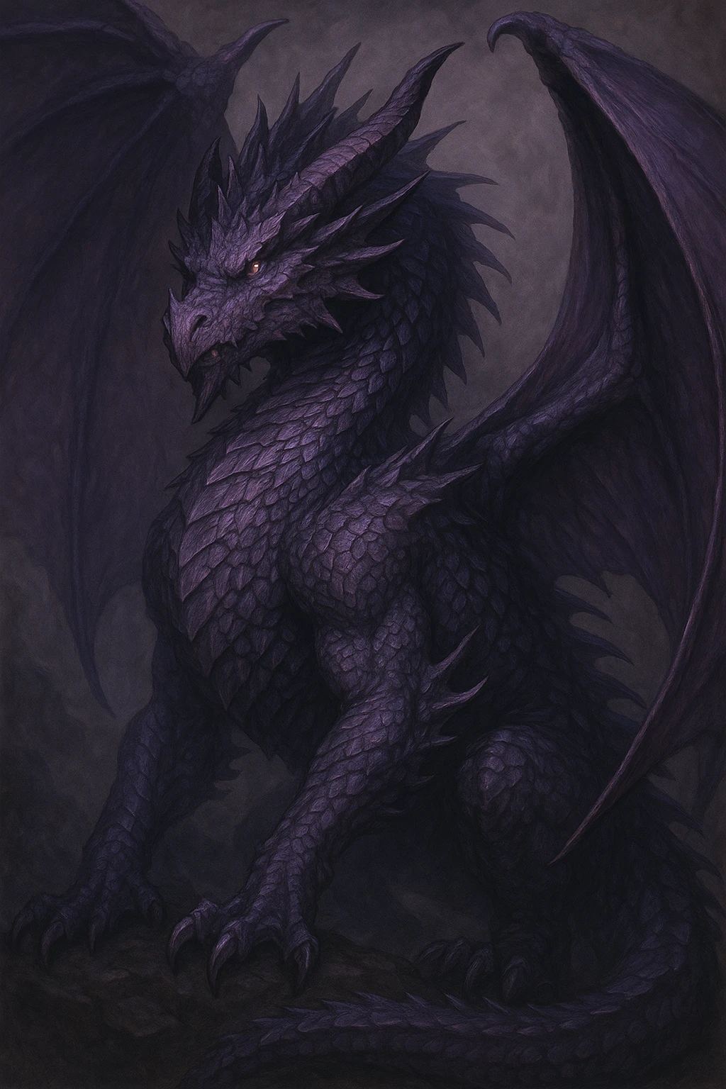 a violet dragon, fantasy style, detailed scales, wings, and a fierce expression emoji