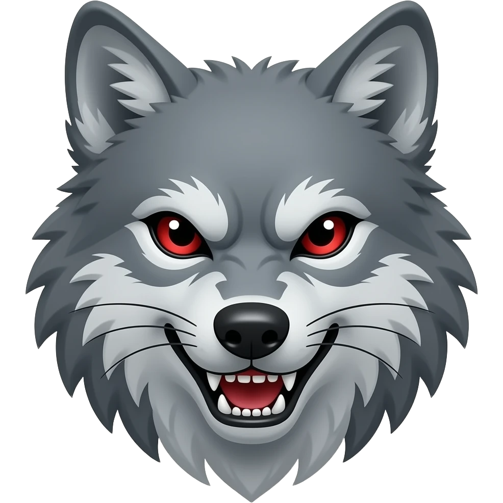 Angry gray wolf with visible red eye only face and small emoji