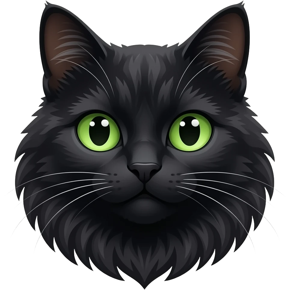 a black long haired cat's head with green eyes emoji