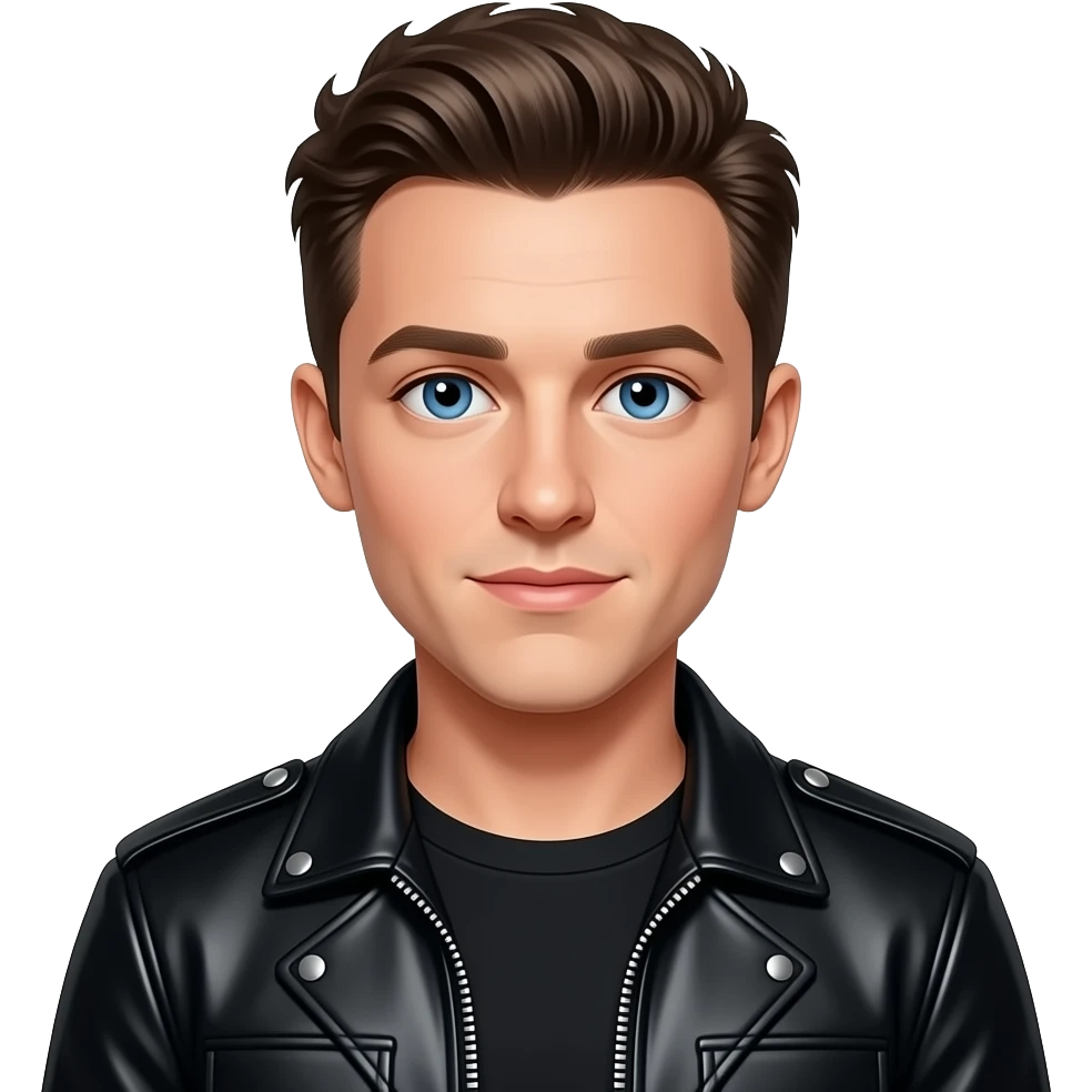 Sam Smith with blue eyes, dark brown hair, black metallic pop tour outfit emoji