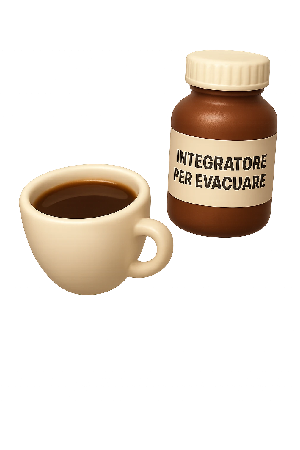 EMOJI STILE IPHONE 3D DI un caffè e di una boccetta di integratore con la scritta "INTEGRATORE PER EVACUARE" SULL'ETICHETTA CHE FLUTTUANO IN ARIA, iperrealistico 4k emoji