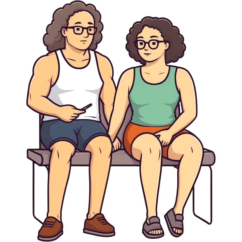 caucasian bald man with glasses and caucasian woman with no glasses, long curly dark hair and massive boobs and a tank top. Her hand is on his leg.  emoji