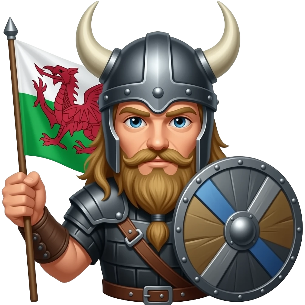 viking with black costume, helmet with wing , beard, and holding a welsh flag emoji
