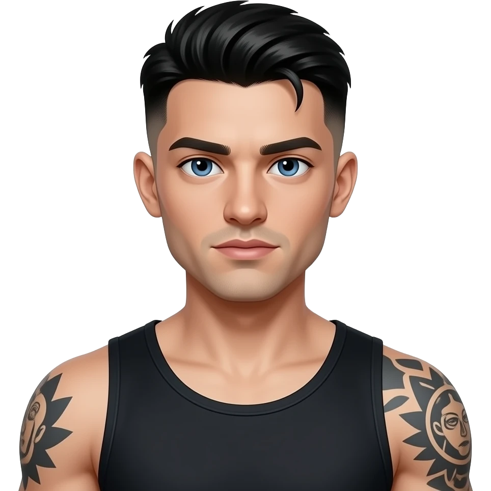 arrogant gars cheveux noirs low taper fade look dark beau et yeux bleus peau laiteuse pâle et tatoué musclé 25 ans emoji