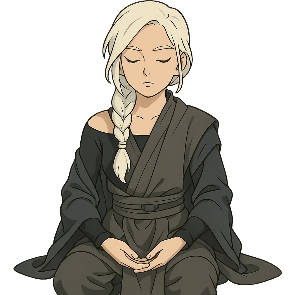  a closeup portrait of young woman with gold yellow eyes, white hair, long braid, black off-shoulder top, punk gothic style, futuristic cyberwave cyberpunk,  jedi attire, kneeling and gathering chi, jedi meditate, eyes closed hands at full rest. original republic jedi robes padawan emoji