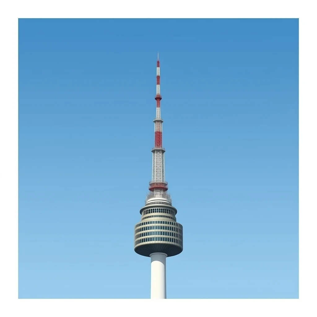 Namsan Seoul Tower, clear blue sky, simple composition, centered tower, minimal background, clean landscape photography emoji