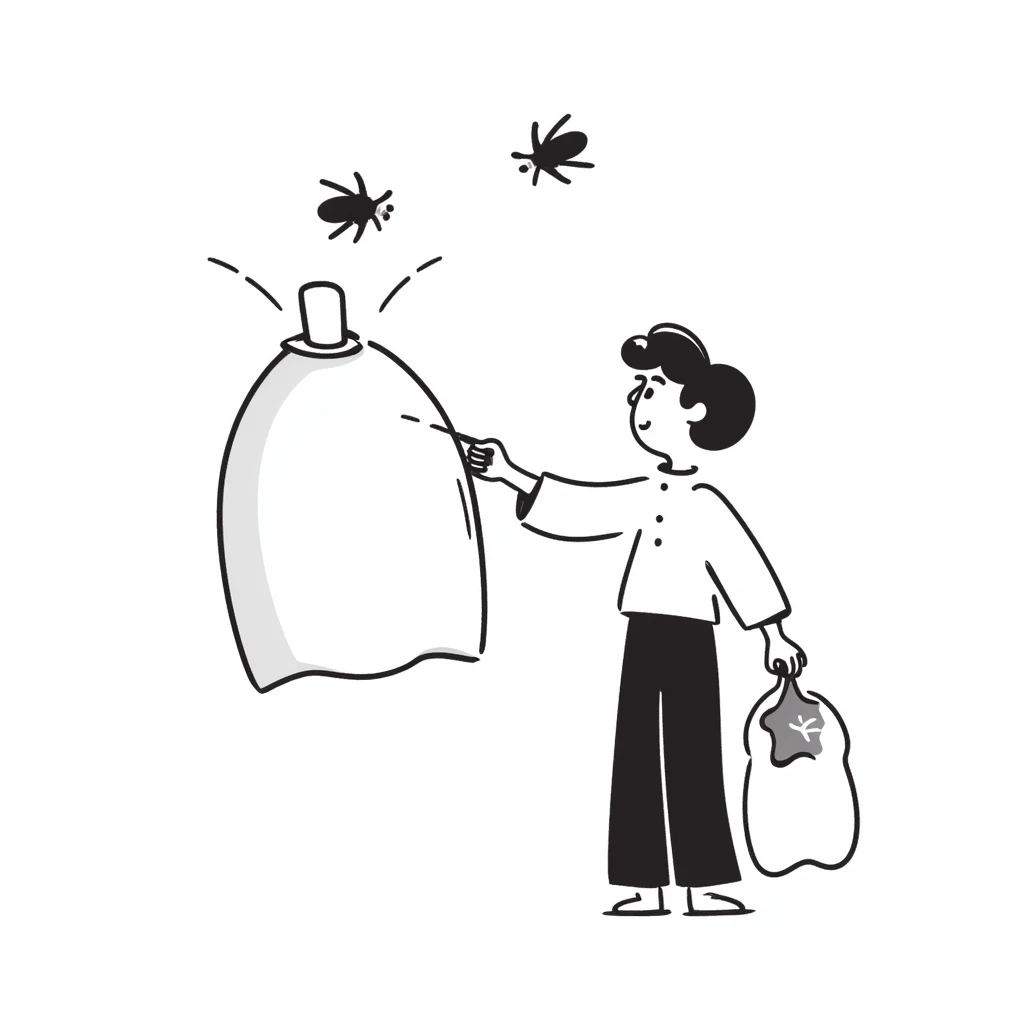 bug shooter hand-drawn doodle style, quirky lines, person chasing bugs with a spray emoji